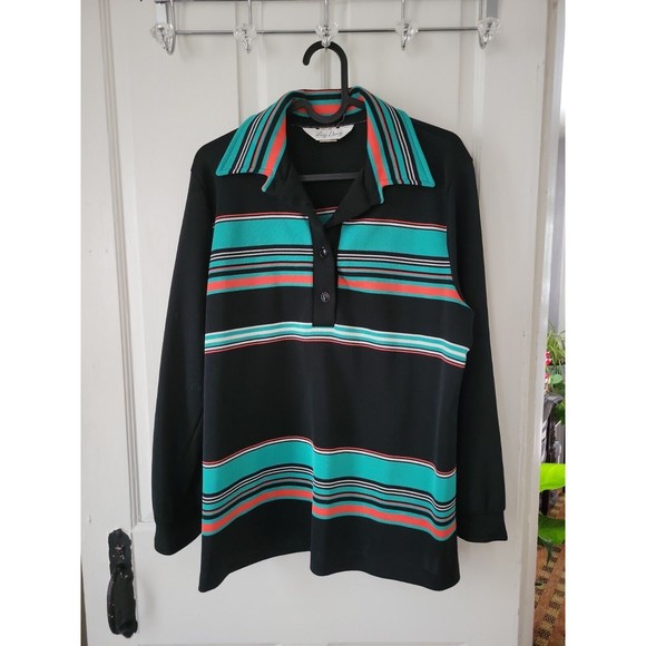 Vintage 70s Black Green and Orange Striped Polyester Blouse 38 Mod Retro - Picture 1 of 5